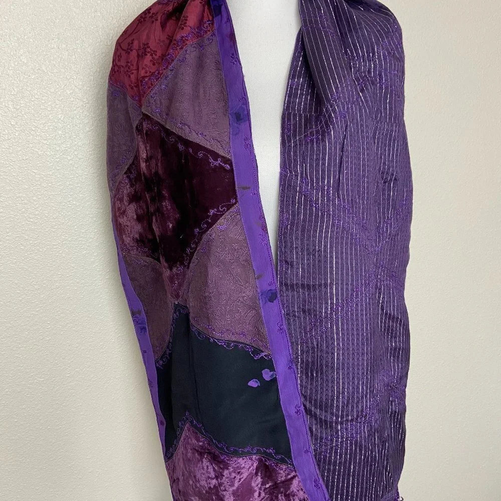 Vintage Patchwork Scarf Reversible 100% Rayon Fringe